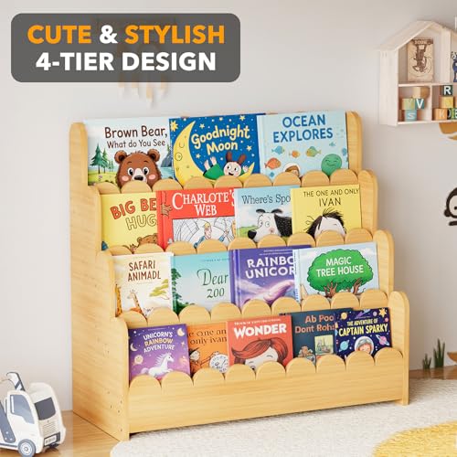 4-Tier Wooden Montessori Bookshelf for Kids, Scalloped Toy Storage Rack