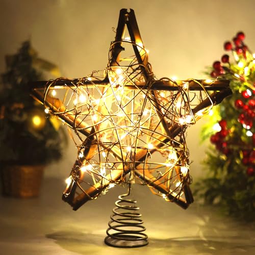 10 Inch Rattan Christmas Tree Topper Star with 50 Warm White LED Lights
