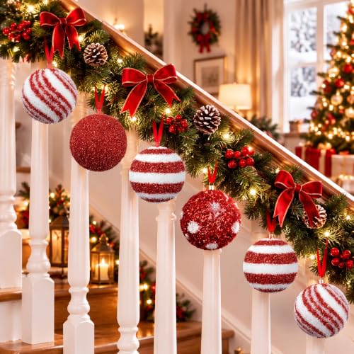 Chunful 6 Pc Jumbo 6 Inch Candy Christmas Ball Ornaments - Red & White, Glitter Tinsel