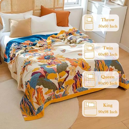 Boho Floral Cotton Throw Blanket, 50x60 Reversible Farmhouse Quilt