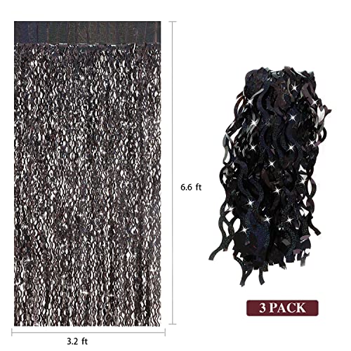 CYLMFC Laser Black 3 Pack 3.3ft x 6.6ft Foil Curtain Backdrop - Sparkly Fringe Photo Booth Props
