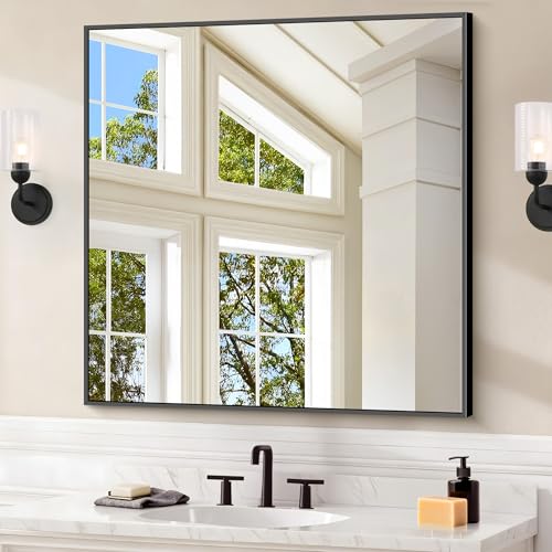 30x30 Inch Black Metal Wall Mirror, Rectangular Modern Vanity Mirror
