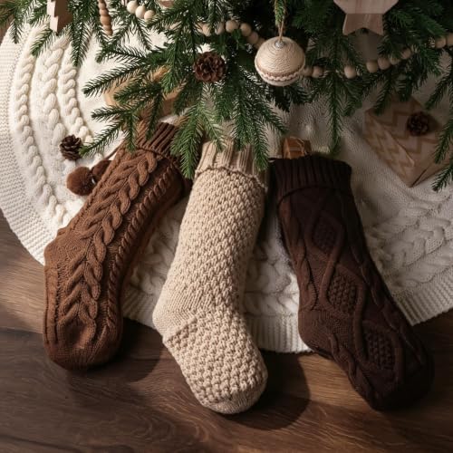 18 Inch Christmas Stockings Set of 6 - Neutral Earth Tone Cable Knit; White Brown Beige