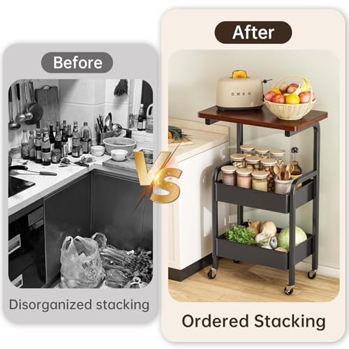 Black 3-Tier Metal Utility Cart with Walnut Top, Lockable Wheels & Sturdy Frame