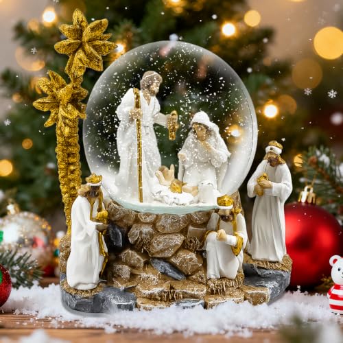 MERRI GLOW 4-Inch Nativity Scene Musical Snow Globe Jesus Christmas Decor
