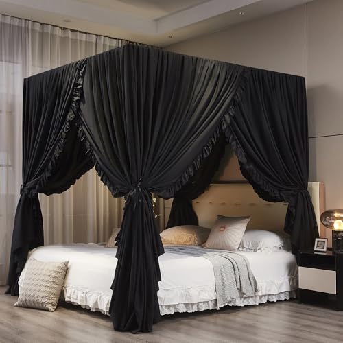 Black Canopy Bed Curtains - Queen Size Breathable Microfiber Drapes
