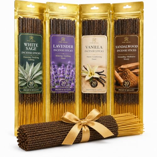Natural Incense Sticks Set - 80 Pack of 4 Scents for Meditation and Yoga
