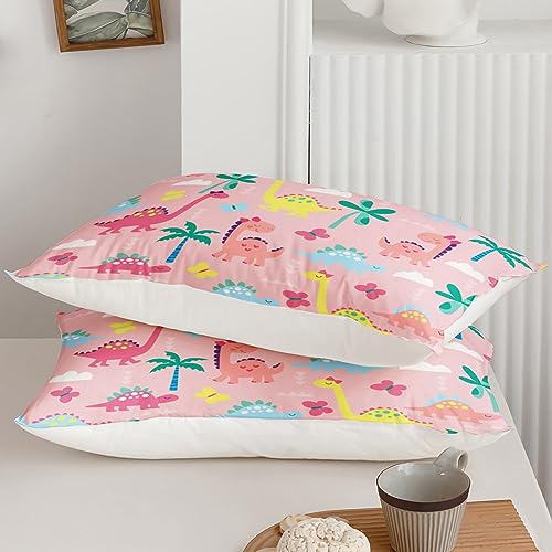 Axolotl Pink Twin Dinosaur Bedding Set - 4Pcs Kids Sheet Set with Fitted & Flat Sheets + Pillowcases