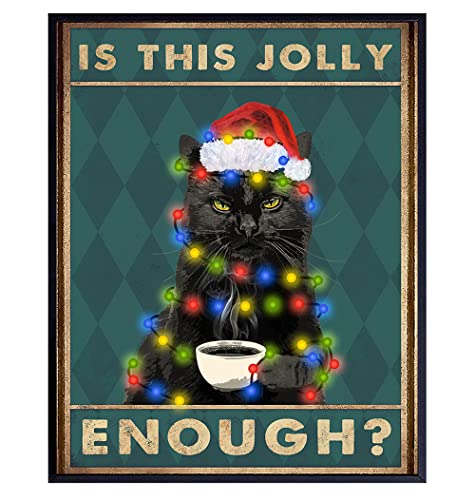 Cat Christmas Wall Art - Unframed 8x10 Black Cat Santa Holiday Decor