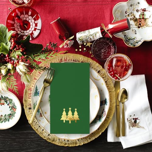 Horaldaily 100Pcs Christmas Napkins 4.3x7.9in Green Gold Foil Trees, 2-Ply