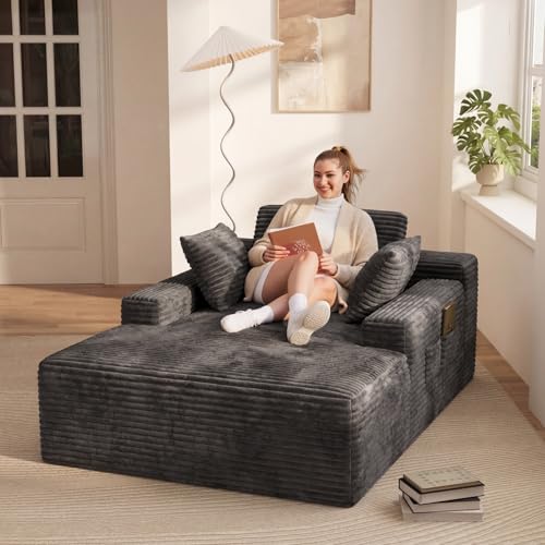 67-Inch Oversized Corduroy Chaise Lounge Chair with 3 Pillows - Gray