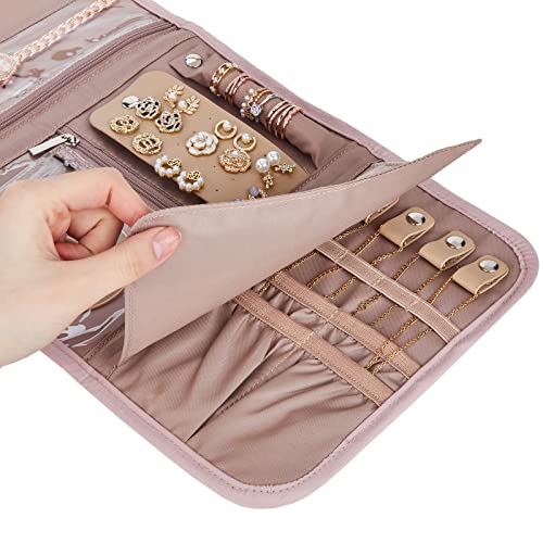 Foldable Travel Jewelry Organizer Roll with Clear Zipper Pockets - Pink