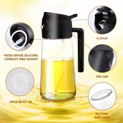 MA 16oz Glass Olive Oil Sprayer - 2-in-1 Dispenser Bottle for Cooking & BBQ - Black