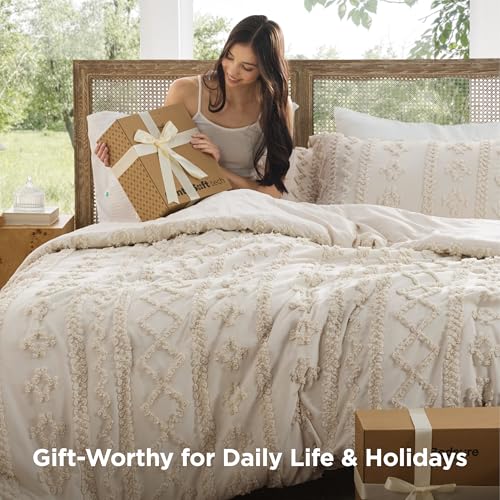 Bedsure Tufted Boho Comforter Set Queen Size - Beige Farmhouse Bedding