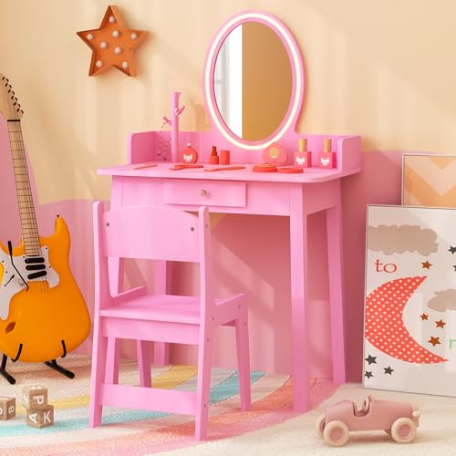 Kids Vanity Table and Chair Set with LED Lighted Mirror and Storage Drawer