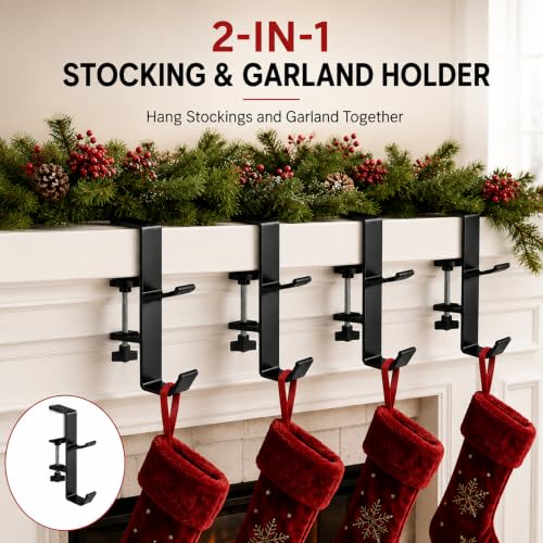 Adjustable Christmas Stocking Holders for Mantle - 4 Pack Black Metal Hooks