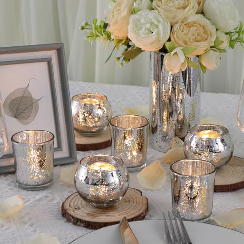 DEVI 48Pcs Mercury Glass Votive Candle Holders – Silver Assorted Round & Teardrop Styles
