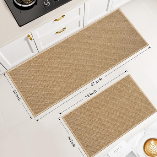 Washable Kitchen Rug Set of 2, Non-Slip Chenille Floor Mats, Khaki
