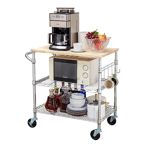 3-Tier Rolling Kitchen Cart with Oak Wood Top, Utility Island with Wheels