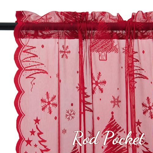 KYMRose 52x95 Inch Christmas Lace Curtains 2 Panels Red Tree Weave Rod Pocket