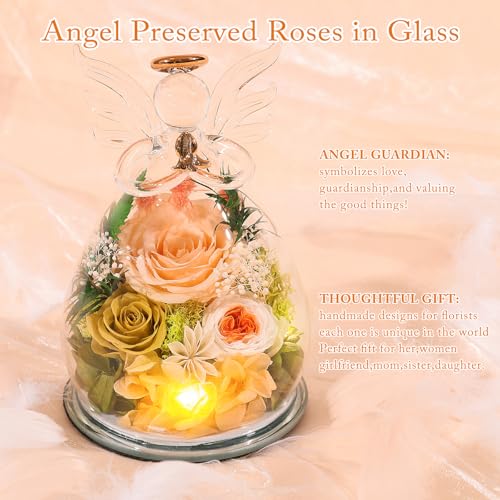 Preserved Rose Glass Angel Figurine with LED Lights - Eternal Flower Gift