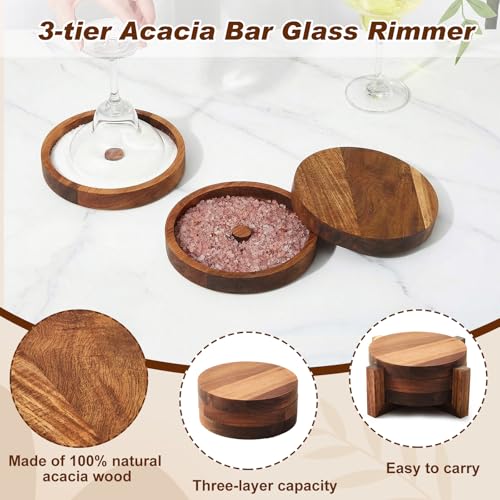 Multifunctional Acacia Bar Caddy & 3-Tier Glass Rimmer Set for Drinks