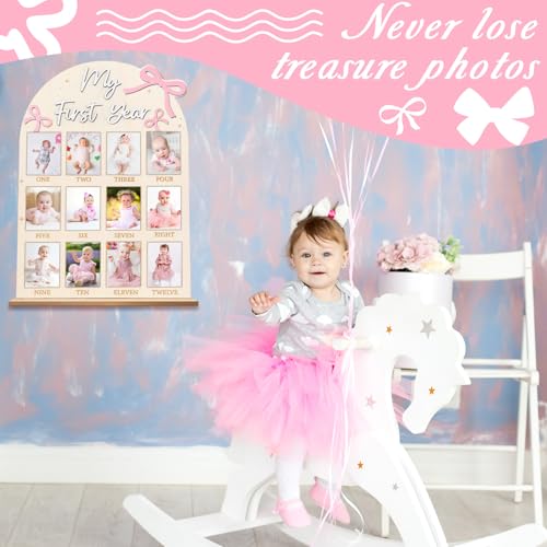 Pink Bow Baby First Year Photo Board - 12 Monthly Milestone Wooden Frame