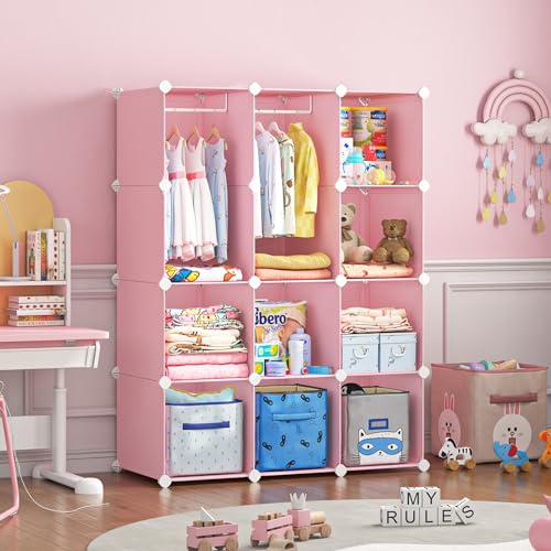 12-Cube Portable Kids Wardrobe, Modular Baby Closet Organizer (Pink)