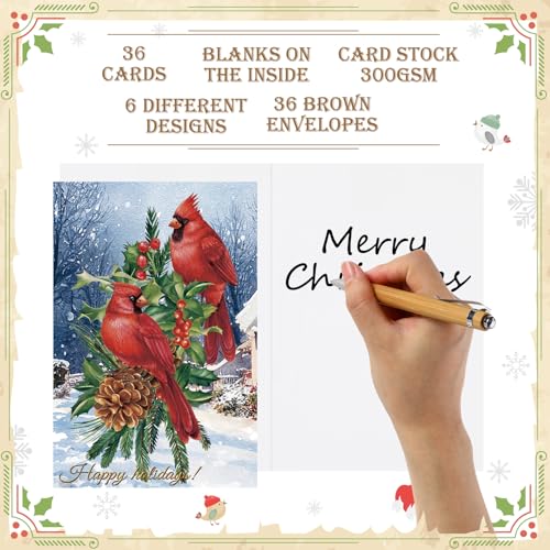 Cholemy Rustic Cardinal and Berries Christmas Cards with Envelopes, 36pc 4x6, Assorted Styles