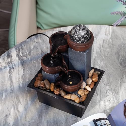 4-Tier Indoor Desktop Fountain with Warm LED Lights and Adjustable Pump