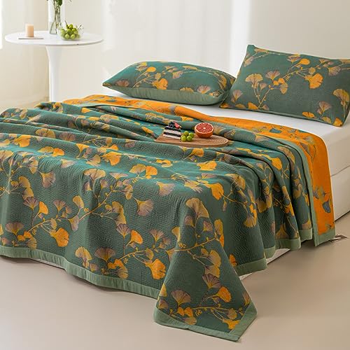 100% Cotton Jacquard Quilt - Floral Ginkgo Leaves Print, Reversible Bedspread for Full/Queen Beds (78"x94")