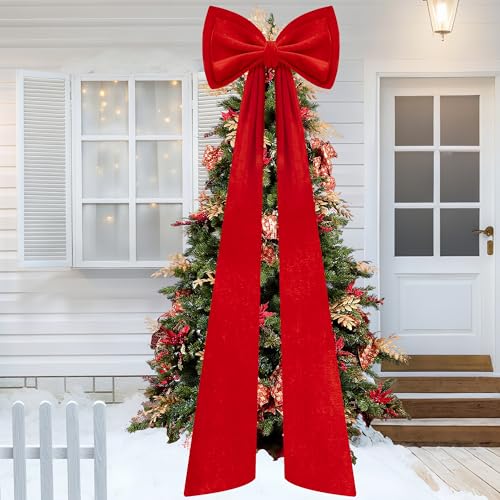 Iceyyyy 59-Inch Red Velvet Christmas Tree Topper Double-Layer Bow - Large Holiday Decor