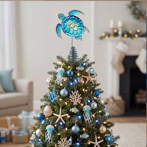 Metal Blue Sea Turtle Christmas Tree Topper | Coastal Nautical Beach Decor