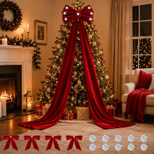 Giant 78-Inch Red Velvet Christmas Bow with 4 Mini Bows & Rhinestones