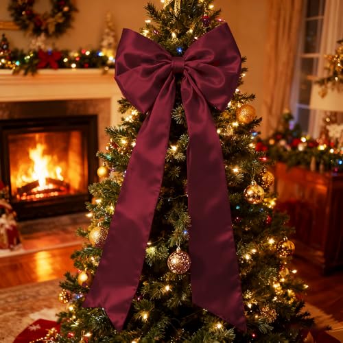 Large Satin Christmas Tree Topper Bow – Wine Red Velvet, 16in Ribbon