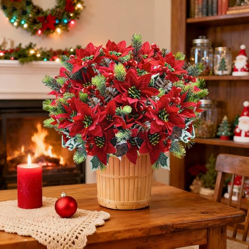 Agusbagli 24 Pcs Red & Green Artificial Christmas Poinsettia Flowers 12" Faux Floral Bouquet for Holiday Decor