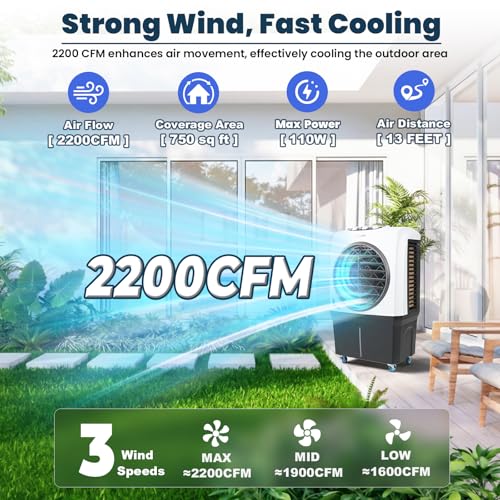 Portable 2200 CFM Evaporative Air Cooler 10.6 Gallon Swamp Cooler