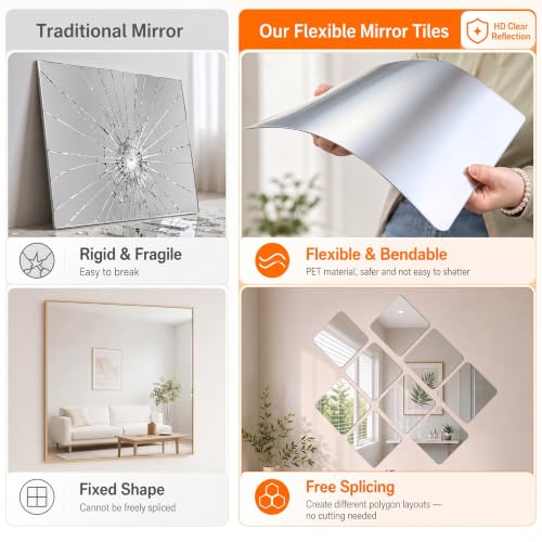 12-Piece 12x12 Inch Square Acrylic Mirror Tiles for Wall Decor & Centerpieces