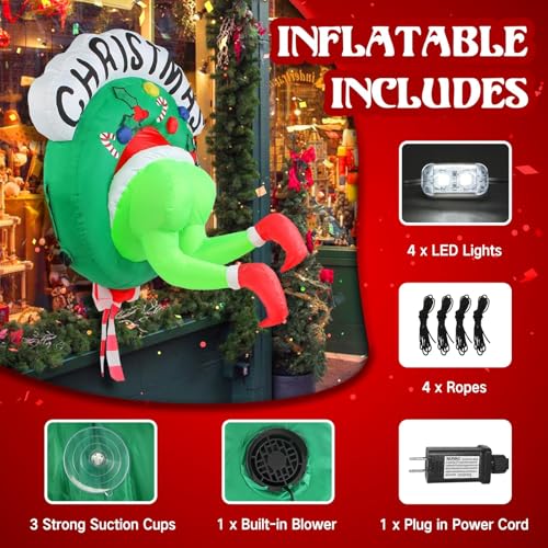 3.5ft Inflatable Christmas Wreath with Green Giant Monster, LED Lighted Outdoor Decor