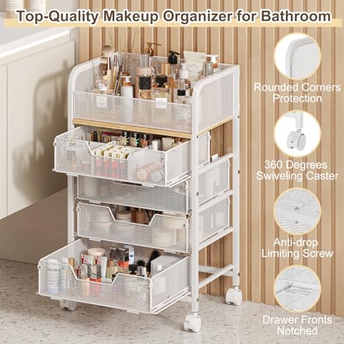 Hongtamoya White 4-Drawer Makeup Cart Organizer with Wheels & Top Display