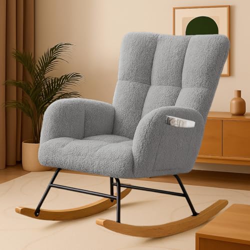 Teddy Fabric Nursery Rocking Chair with Side Pockets and High Backrest