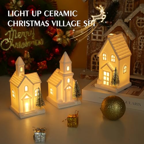 Light-Up White Ceramic Christmas Village Set with LED Trees & Timer