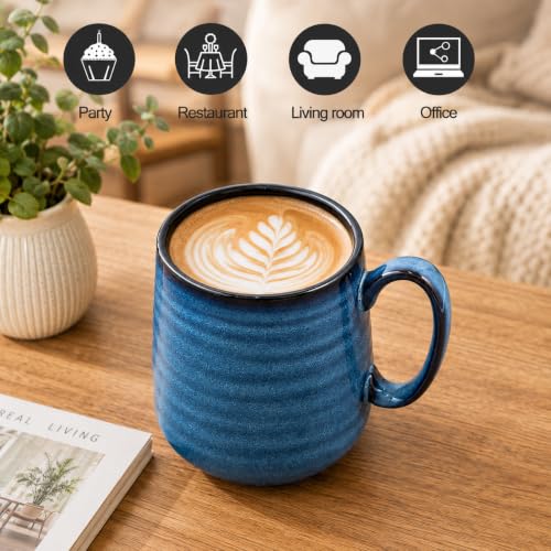 HASENSE Navy Coffee Mugs Set of 4, 15oz Porcelain Cups with Handle, Microwave Safe