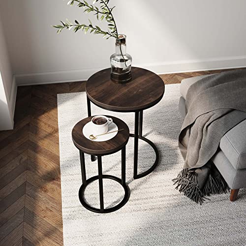Round Nesting Side Table Set of 2, Modern Metal and Wood Accent End Tables