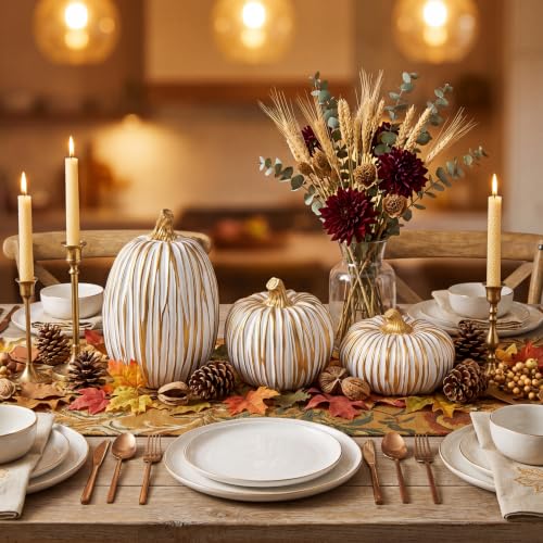 3-Piece Resin Pumpkin Decor Set, White and Gold Fall Table Centerpiece