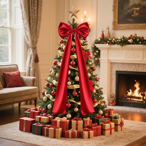 47 Inch Red Christmas Tree Topper Bow Satin Ribbon - Giant Christmas Decor for Tree, Wreaths, Weddings