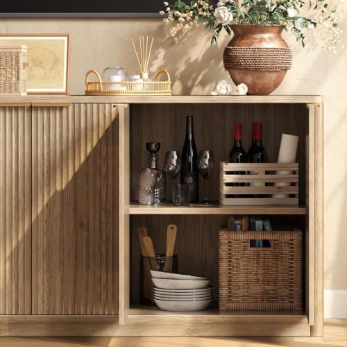 67-Inch Fluted Oak Buffet Cabinet - 6-Door Wood Sideboard Credenza
