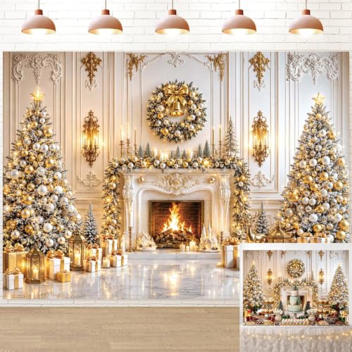 8x6FT White Gold Christmas Fireplace Backdrop | Winter Wonderland Photo Background