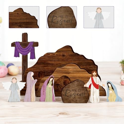 Wooden Easter Resurrection Scene Decor - 9-Piece Empty Tomb Cross Set