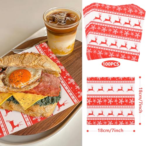 GeeRic Red Reindeer Wax Deli Paper Sheets 7x7in – 100 Pack, Christmas Theme